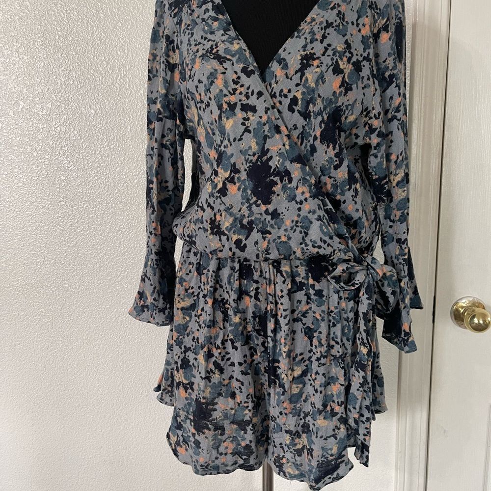 Free People Blue Floral Print Wrap Romper
